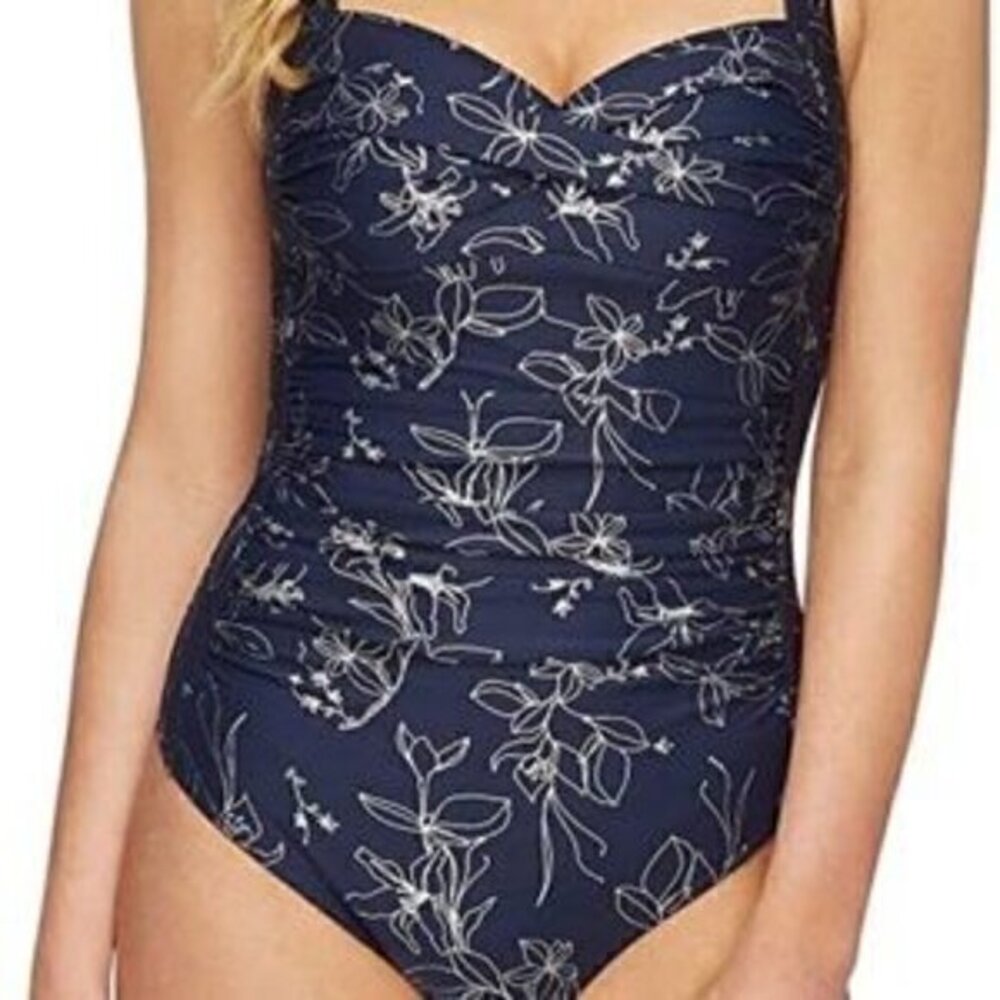 Niptuck Metallic Floral Navy Blue One Piece Swimsuit Size 10
